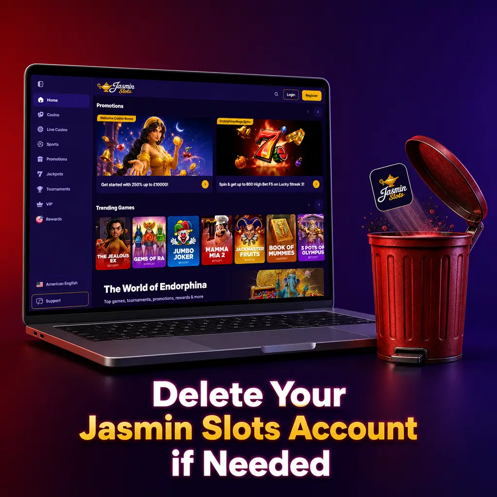 Jasmin Slots account deletion steps showing settings menu with closure and self-exclusion options for UK players