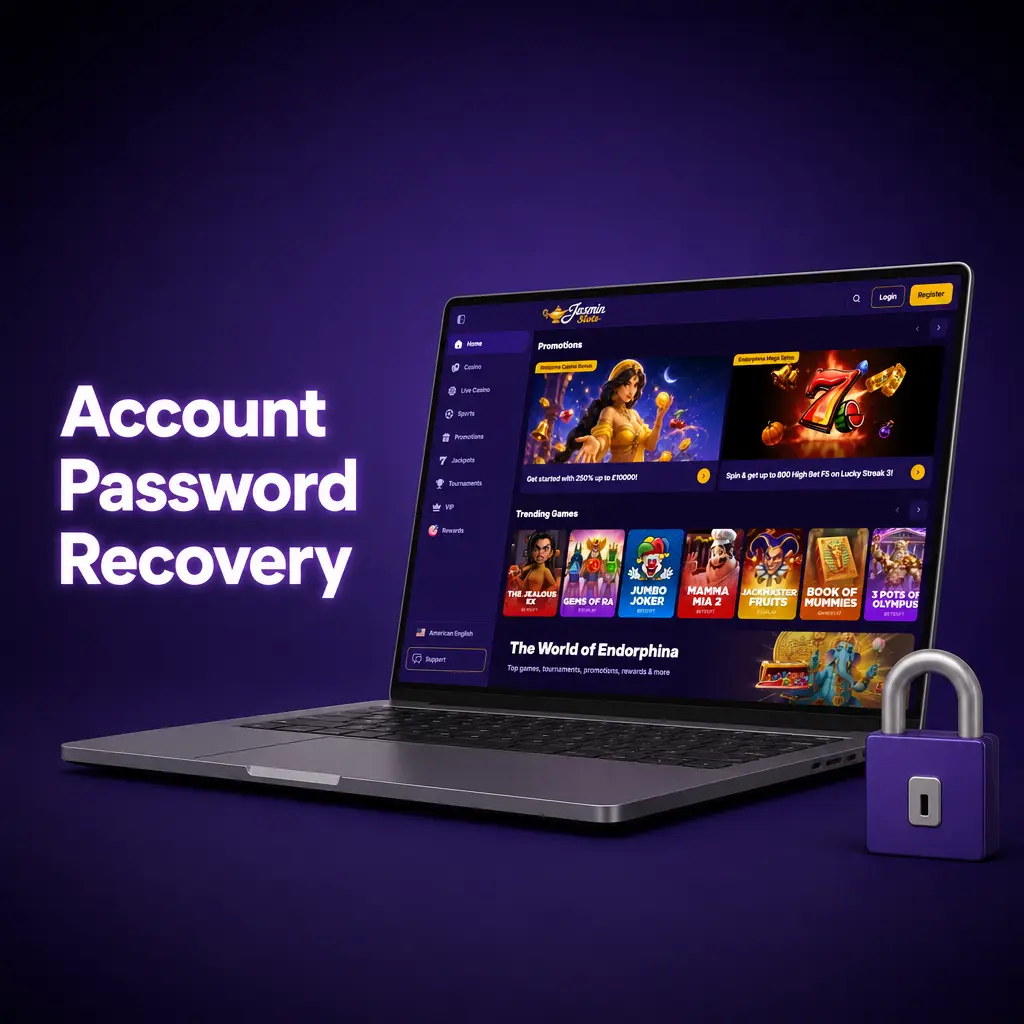 Jasmin Slots account password recovery steps showing forgot password link, email reset process and new password setup