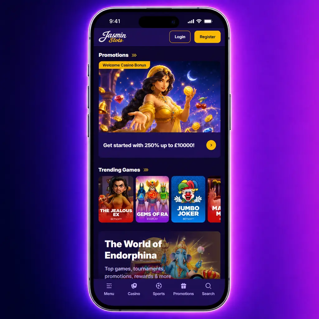 Jasmin Slots welcome bonus claim guide showing four steps to get 250% bonus up to £10,000 with no promo code