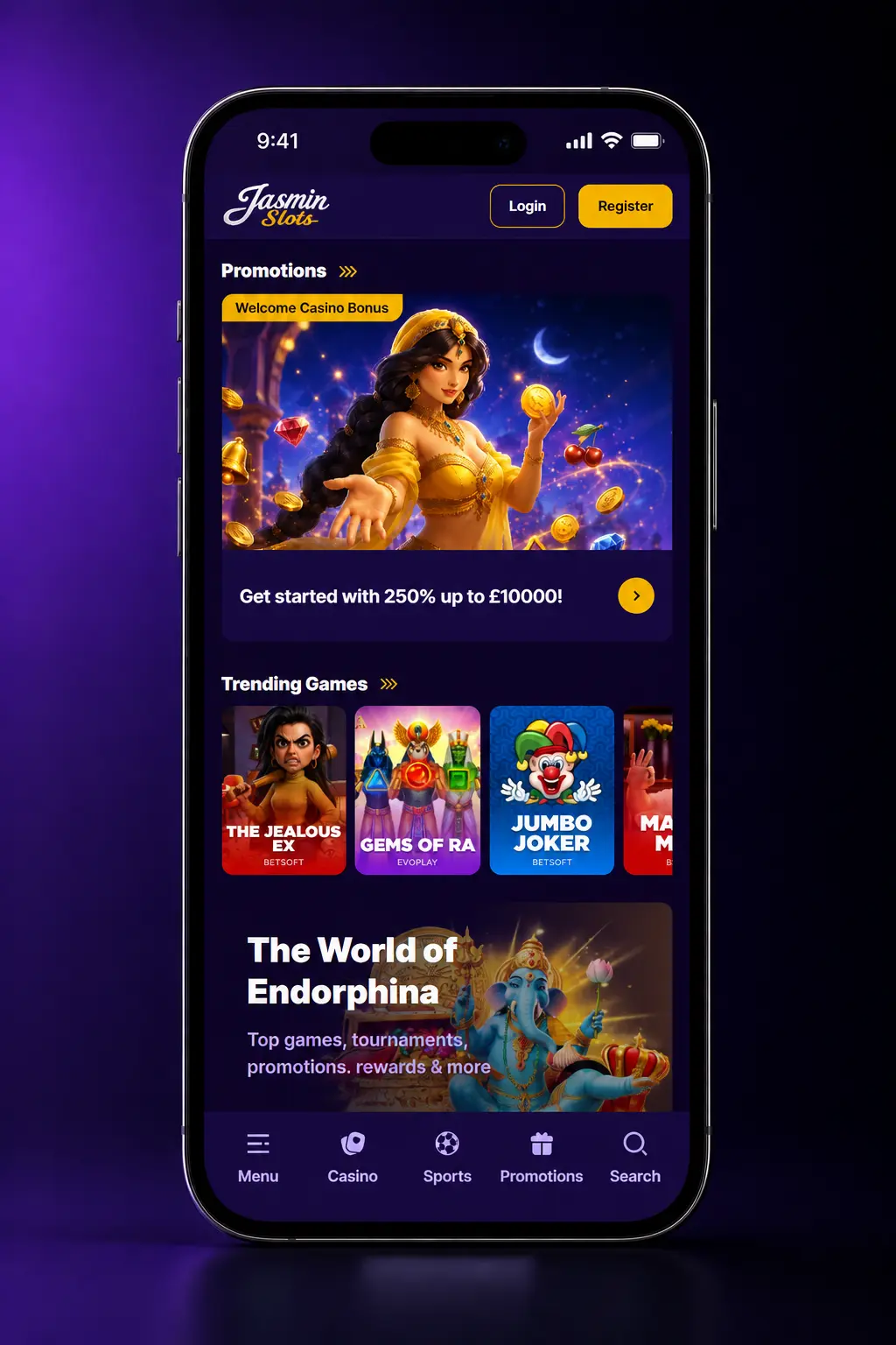 Jasmin Slots mobile app login screen showing email, password fields and Google sign-in option on iOS and Android