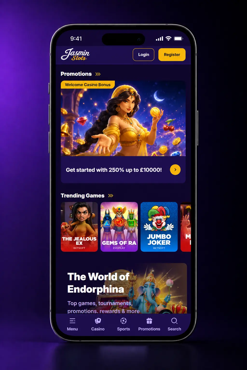 Jasmin Slots mobile app login screen showing email, password fields and Google sign-in option on Android or iOS device