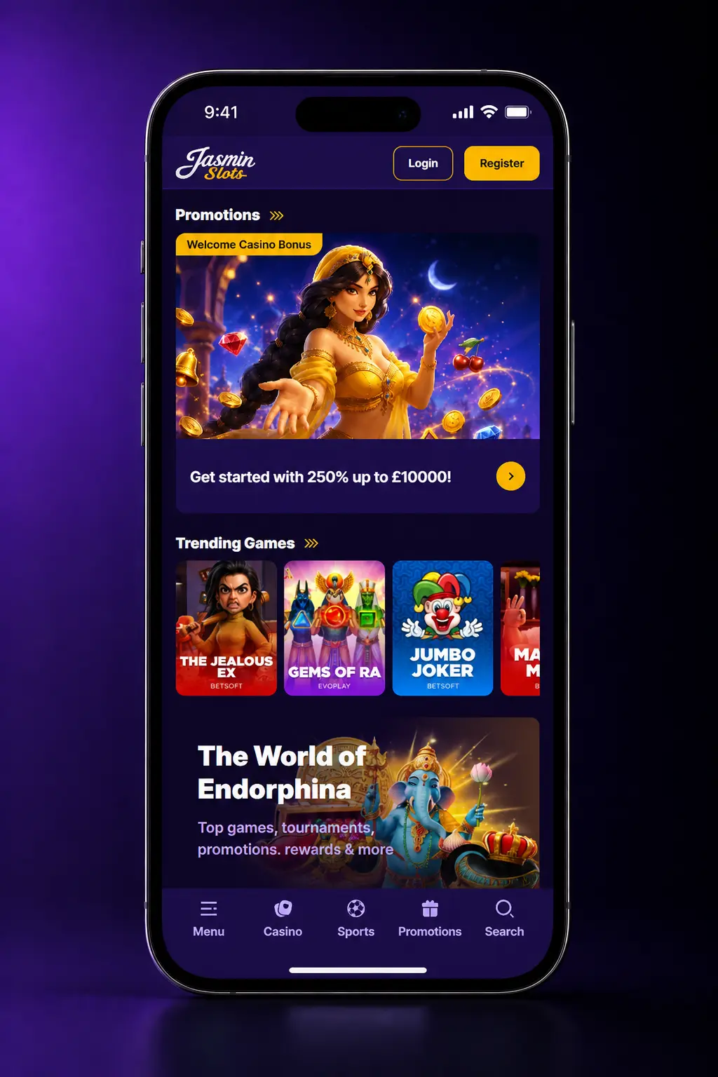Jasmin Slots mobile app login screen showing email, password fields and Google sign-in option on iOS and Android
