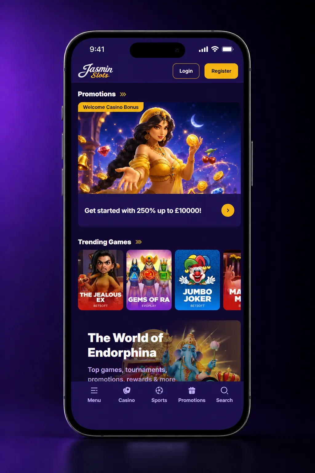 Jasmin Slots mobile app login screen showing email, password fields and Google sign-in option on iOS and Android